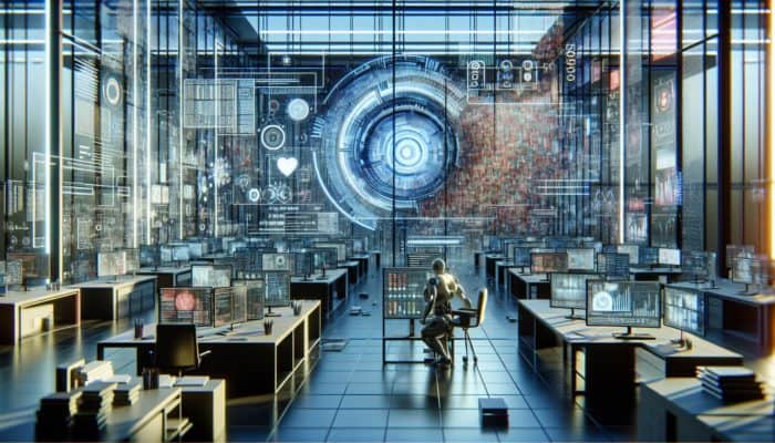AI in a futuristic lab analysing SERP data, highlighting biases in graphs and struggling with human emotions and cultural contexts.