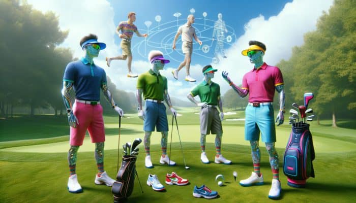 Vibrant polo shirts, stylish visors, and modern golf shoes on a green golf course, with fashion experts.