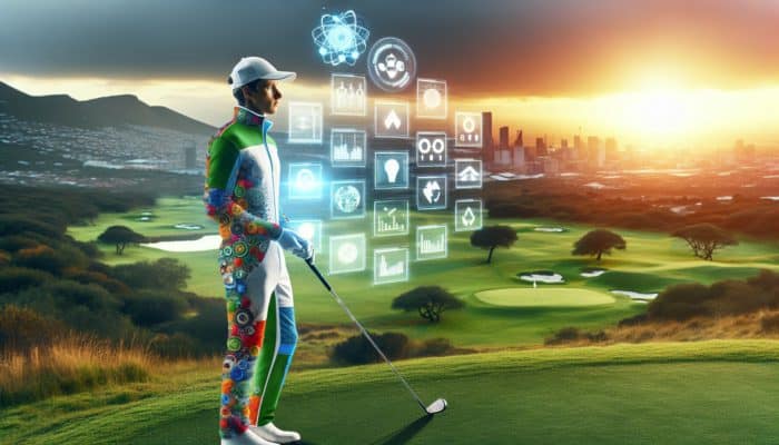 A South African golfer in 2030 wearing sustainable, personalized outfit on an eco-friendly course at sunset.