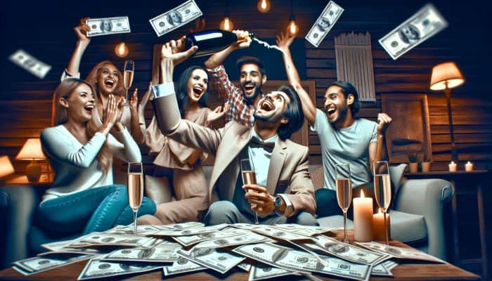 Person celebrating debt milestone with champagne, surrounded by paid bills and cheering friends in cozy living room.