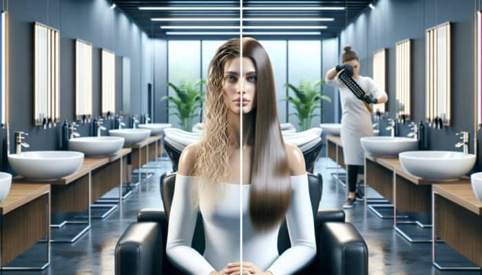 Woman receiving deep conditioning treatment in salon, showcasing hair transformation from lifeless to vibrant.