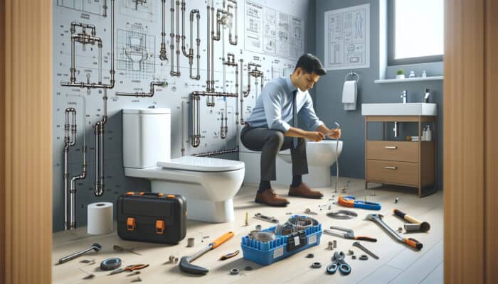 Diagram showcasing modern toilet installation in Langley home, highlighting plumbing, tools, and technician.