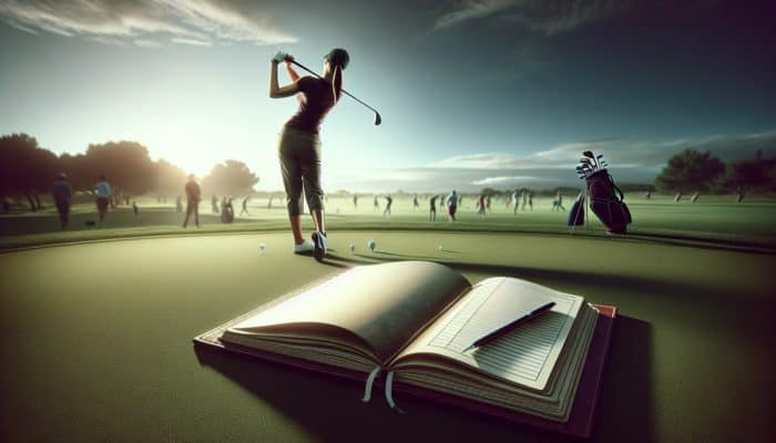 Golfer practicing focus drills on a busy course, visualising shots, tracking progress in a journal.