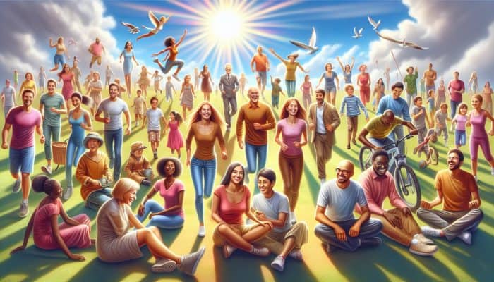 People outdoors enjoying sunlight, symbolising mood and energy boost from vitamin D.