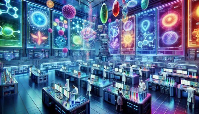 A futuristic laboratory where scientists customise advanced multivitamins using high-tech equipment and vibrant nutrient visualisations.