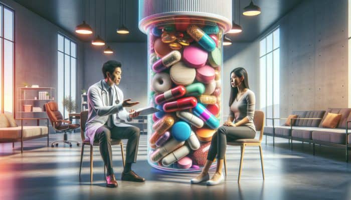 Person consulting a nutritionist, reviewing blood tests and a journal, selecting multivitamins in a modern clinic.