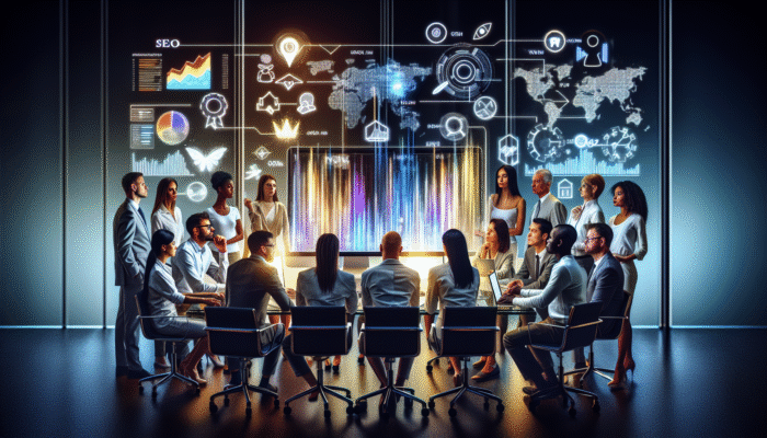 A group of professionals examining SEO analytics on a computer screen in a contemporary office setting.