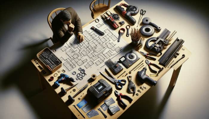 An individual strategising tool rental savings with tools, coupons, and loyalty cards on a desk.