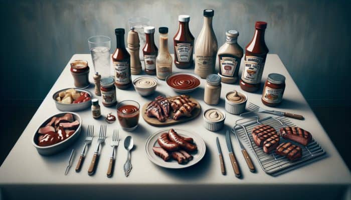 A table showcasing Kansas City BBQ sauce in a jar, Alabama white sauce in a bowl, and a custom BBQ sauce in a bottle, accompanied by grilling tools and meats.