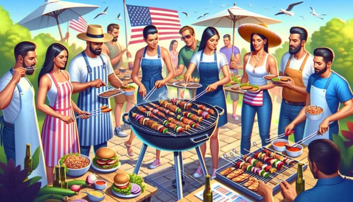 Australian BBQ scene featuring Grilljoy and BBQ Pro smart skewers, adjustable and sturdy, enhancing the grilling experience.