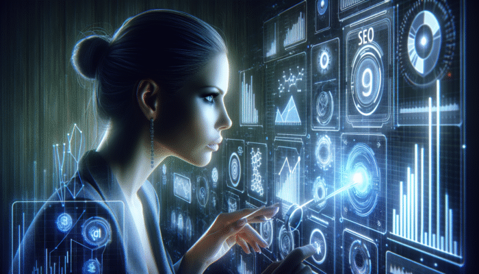 A digital marketing expert analysing SEO data on a futuristic screen with holographic graphs and keywords, optimising AEO strategies.