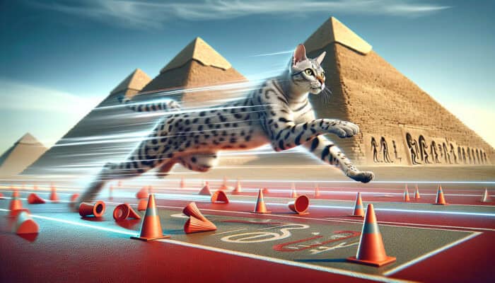 An Egyptian Mau cat racing on a track, equipped with speed training gear, with ancient Egyptian pyramids in the background, showcasing its speed and agility.