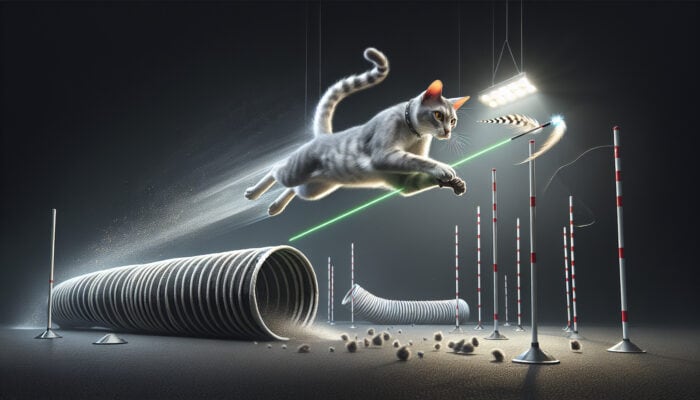 An Egyptian Mau expertly navigating through agility tunnels while chasing feather and wand toys, guided by a laser pointer, highlighting its playful nature.