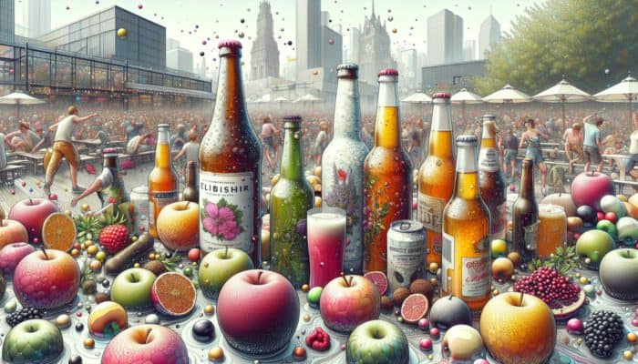 A vibrant craft cider festival with diverse bottles of innovative flavours like elderflower and hibiscus in a modern urban setting.