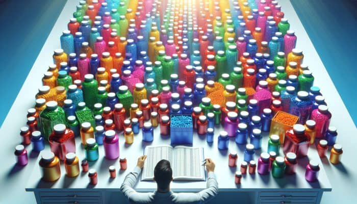 A person organising colourful supplement bottles on a table with an open journal, symbolising safe stacking practices.