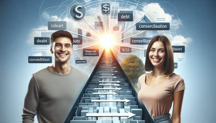 A joyful millennial couple stands before a clear path symbolising debt consolidation, with bright skies ahead.