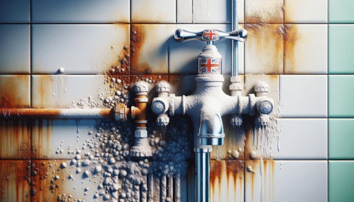 Modern UK bathroom with rust and limescale on fixtures and tiles, highlighting the need for effective cleaning.