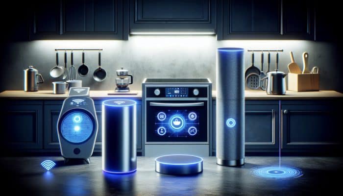 A modern kitchen showcasing voice-activated gadgets such as Amazon Echo, Google Nest Hub, smart oven, and coffee maker.