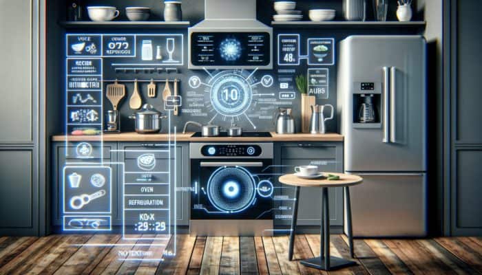 A smart kitchen showcasing voice-activated control of oven, fridge, coffee maker, with displayed recipes and timers.