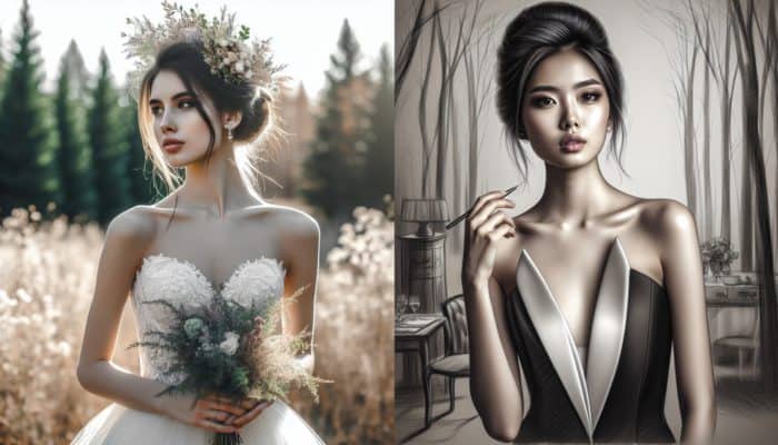 A bride with a loose, romantic updo and wildflowers for a rustic wedding, contrasted with another bride showcasing a sleek chignon for a formal event.