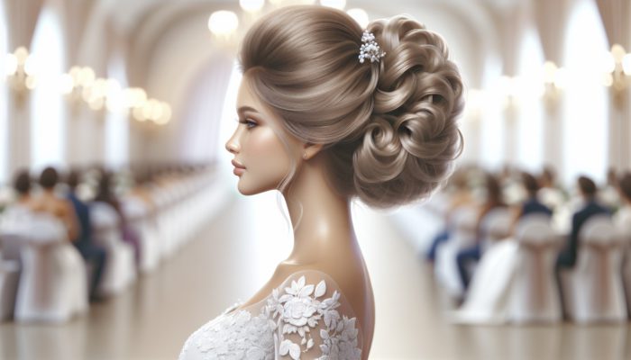 A bride with an exquisite updo, styled with high-quality products, remaining intact from morning till evening at a wedding.