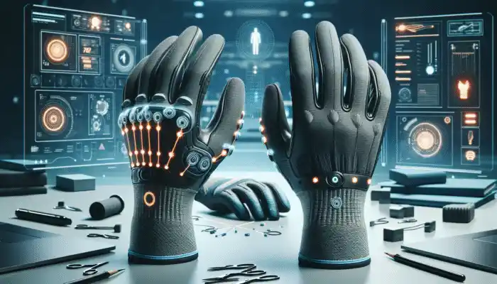 High-tech cut resistant gloves with advanced fibres, flexible, lightweight, grip-enhancing coatings, integrated sensors for hand movement monitoring, suitable for various work environments.