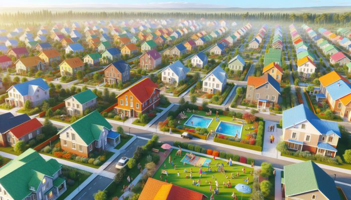 Aerial view of a vibrant Centurion family neighbourhood showcasing homes, parks, and community activities.