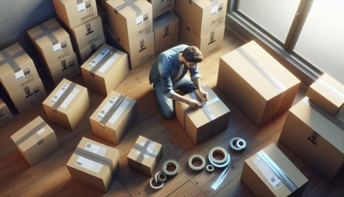 Person sealing a cardboard box with clear packing tape, surrounded by neatly labeled boxes in a bright room during a move.
