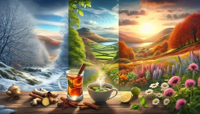 A picturesque UK landscape showcasing seasonal changes, featuring steaming cups of ginger, cinnamon, lemon balm, and chamomile infusions.