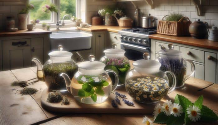 An assortment of herbs steeping in glass teapots in a UK kitchen: chamomile, mint, lavender, nettle, and elderflower.