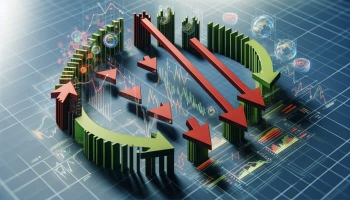 How Global Markets Shape Consolidation Loans: UK Focus | DCL Graph illustrating economic cycles' impact on UK loan availability; green arrows up for growth, red arrows down for downturns.