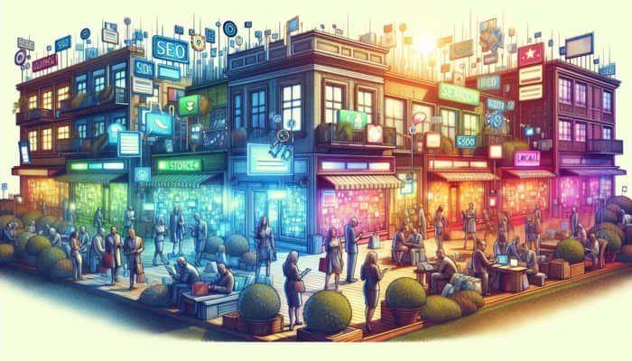 A vibrant e-commerce scene in Plymouth with SEO keywords on digital screens and customers using search engines.