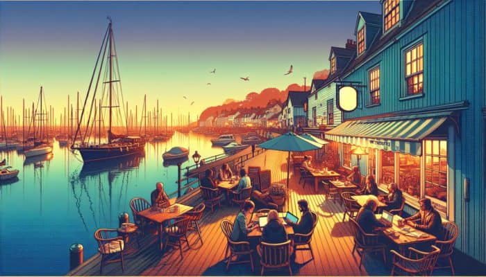 A picturesque Weymouth harbour at sunset, with experts blogging in a welcoming café.