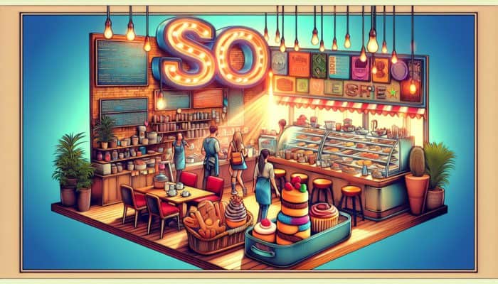 A lively Weymouth coffee shop with "Best Pastries in Weymouth" signage, showcasing local patrons and SEO keywords in decor and menu.