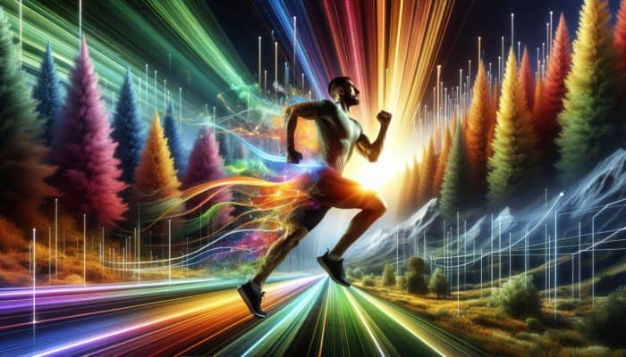 An athlete running through a forest, energised by black ginger, with scientific charts showing positive research outcomes.