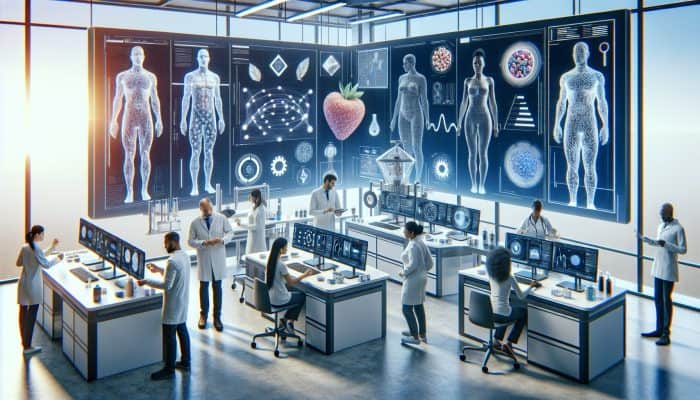 A modern laboratory equipped with advanced technology for accurate food intolerance testing, showcasing diverse individuals receiving personalised dietary advice.