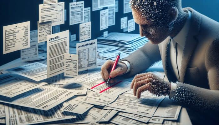A person reviewing financial documents, marking errors with a red pen amidst scattered bills and forms.