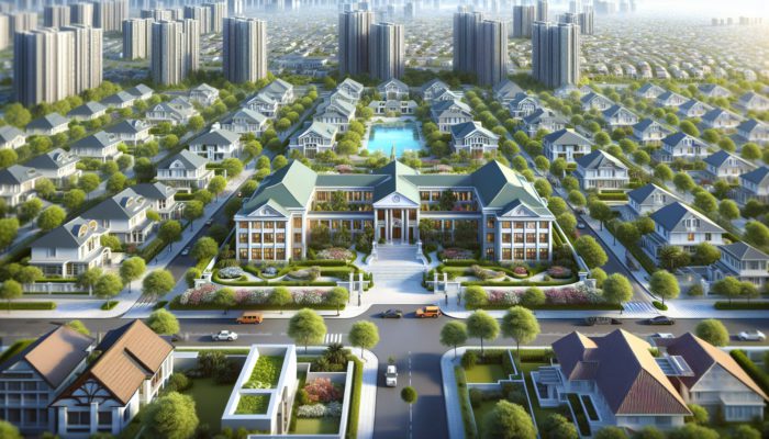 Aerial view of Mthatha High School and upscale residential areas with modern homes and lush gardens.