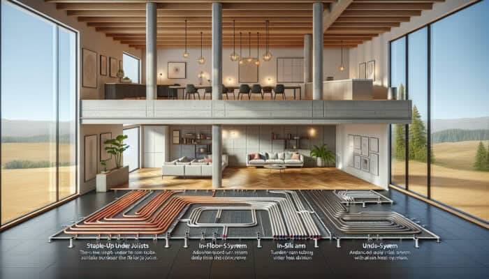 Four distinct types of hydronic radiant floor heating systems showcased in a modern room setting.