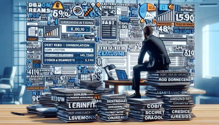 Debt Consolidation for High-Income Earners: UK Strategies | DCL Person at desk reviewing financial documents, contemplating debt consolidation risks with charts and caution signs.