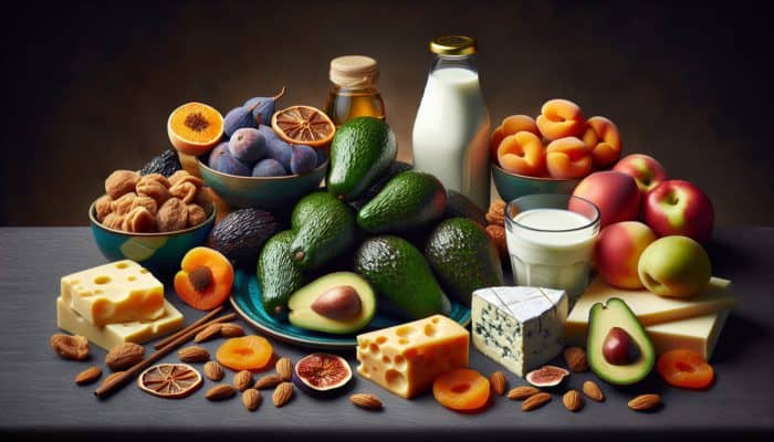A still life of avocados, dried apricots, figs, cheese, and whole milk, highlighting calorie-rich foods for bulking.