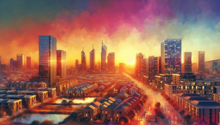 Krugersdorp skyline at sunset with modern developments, symbolising investment growth and financial prosperity.