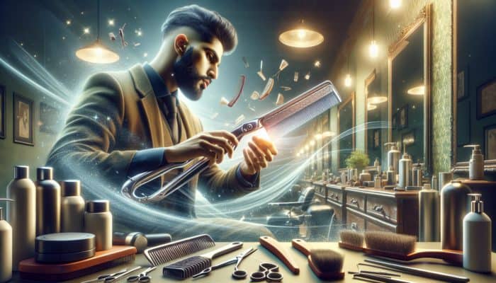 A master barber refining a large Kizzy razor, surrounded by hair extension tools in a salon.