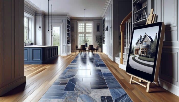 Belgian Blue Limestone flooring in a renovated East Renfrewshire family home, creating a seamless and inviting atmosphere.