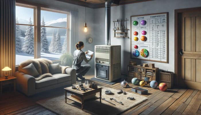 A technician assesses an old furnace in a cozy living room, with service plan charts and a snowy Langley view outside.