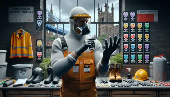 A person in Newcastle evaluating nitrile gloves, comparing prices and certifications, with industrial safety equipment and customer feedback charts in the background.