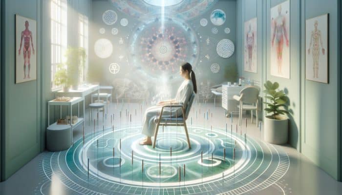 A woman receiving acupuncture in a tranquil UK fertility clinic, surrounded by calming colours and traditional Chinese symbols, illustrating a serene treatment environment.