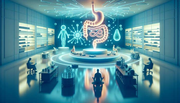 Scientists in a futuristic lab analyzing glowing gut bacteria models for personalized probiotics and mental health enhancement.