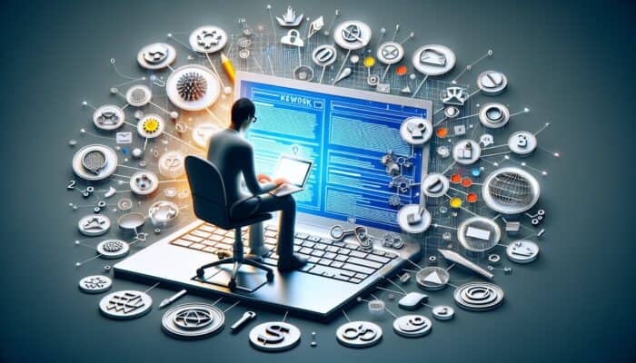 Individual typing on a laptop with SEO elements and a structured blog post visible on screen.