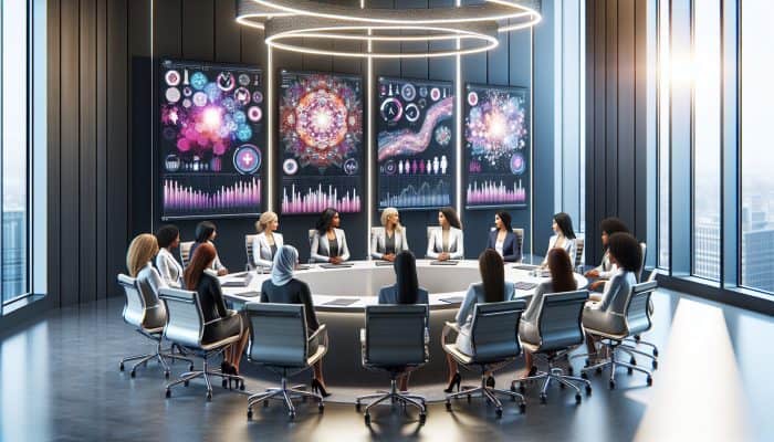 A diverse panel of female health experts discussing women's health in a modern conference room with digital screens.